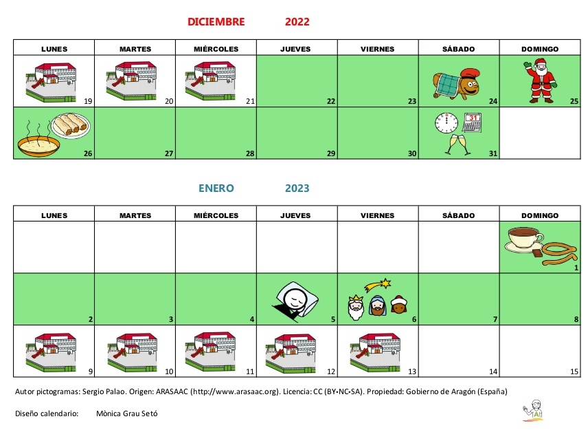 Calendario pictogramas NAVIDAD 2022 2023